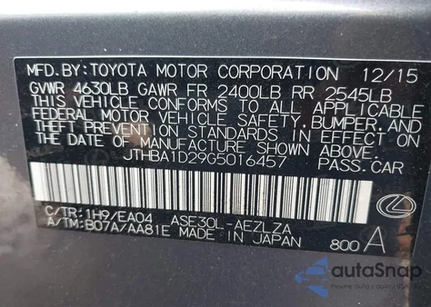 2016 Lexus Is 200T from USA, damaged, VIN JTHBA1D29G5016457